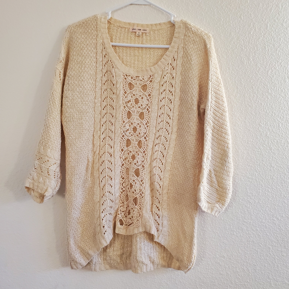 Pink Rose Women's Cream Knit Sweater with Crochet Size M - Picture 2 of 10